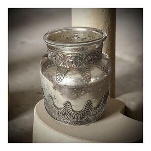 POTTERY BARN Madeline Filigree Silver-tone Metal Mercury Glass Candleholder 6”